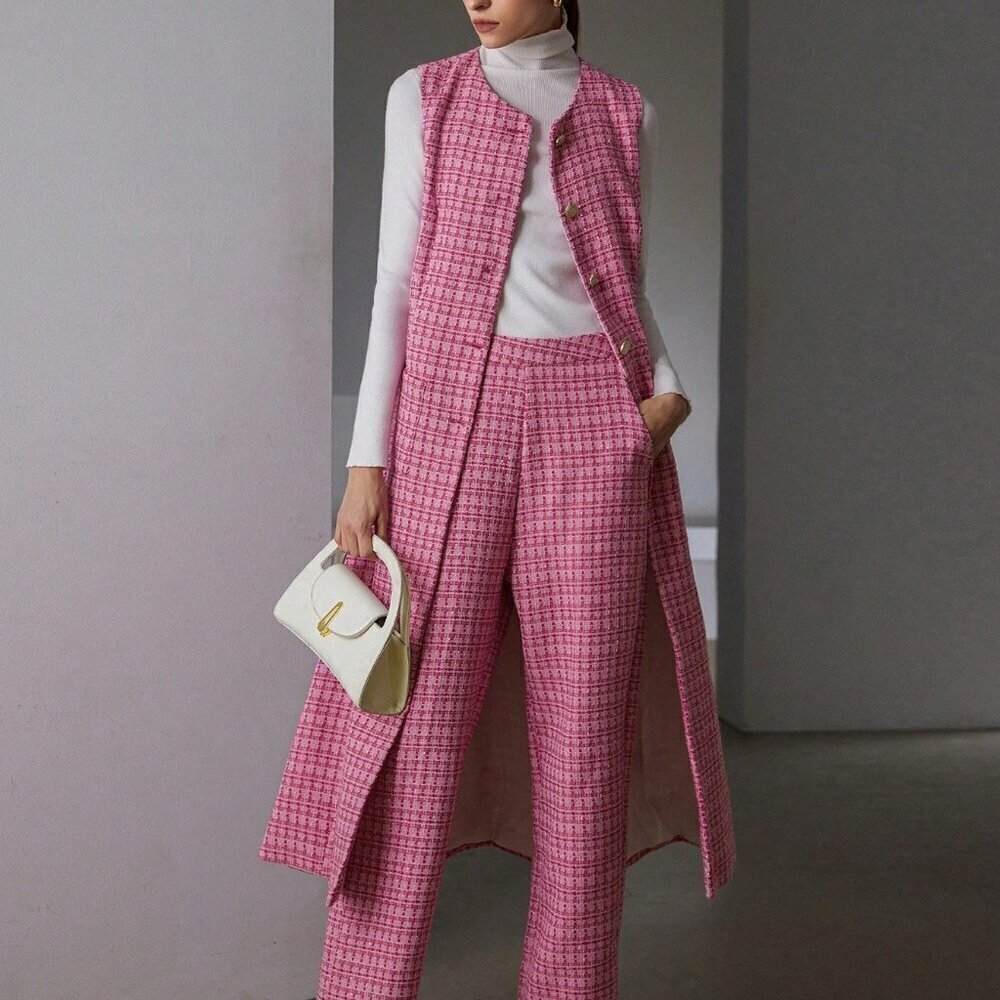 Pink Elegant Women's Tweed Long Sleeveless Cinched Waist Jacket & Pants Set